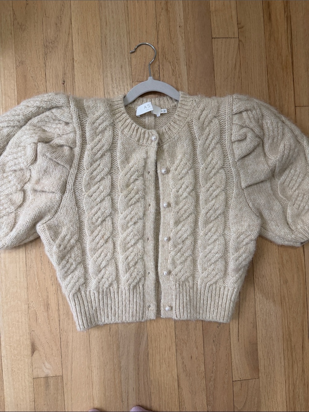 Astr Cream Cable Knit Puff Sleeve Cardigan